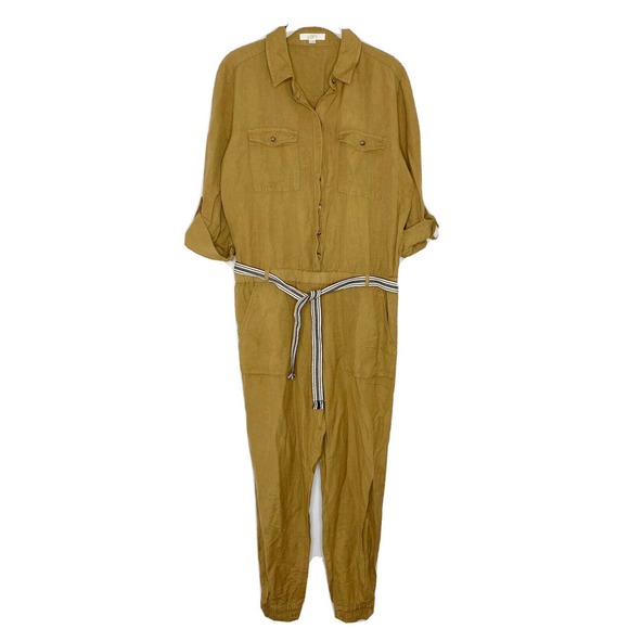 Ann Taylor LOFT Linen Blend Utility Mustard Yellow Roll Tab Sleeve Jumpsuit S - Picture 2 of 6